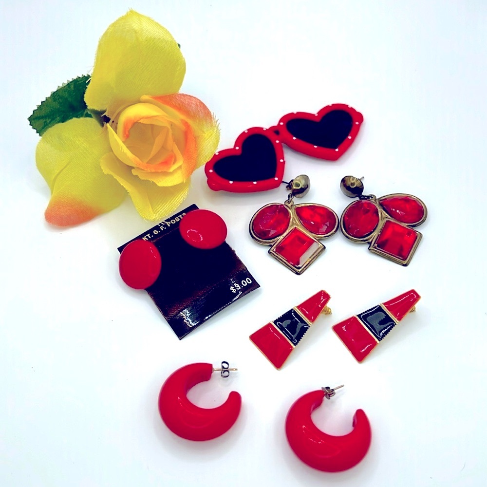 Lot Red Earrings, Red Heart Brooch Vintage, Metal and Plastic 80s 90s